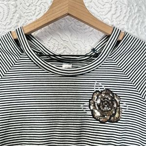 Beautees Rose Sequin Split Collar Striped Tee